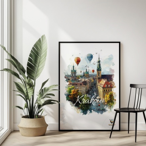 Plakat architektoniczny – „Kraków, w świetle uniesienia” – kolorowa panorama miejskiej zabudowy