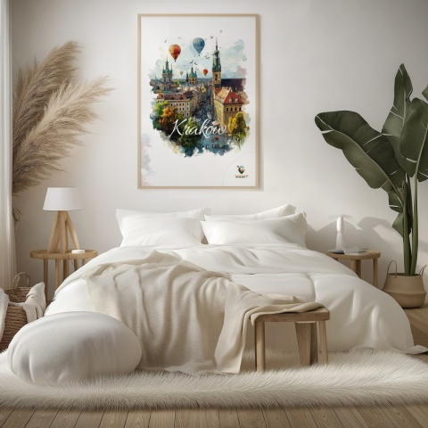 Plakat architektoniczny – „Kraków, w świetle uniesienia” – kolorowa panorama miejskiej zabudowy