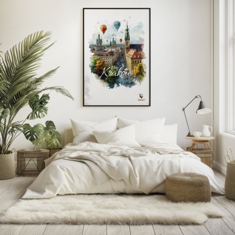 Plakat architektoniczny – „Kraków, w świetle uniesienia” – kolorowa panorama miejskiej zabudowy