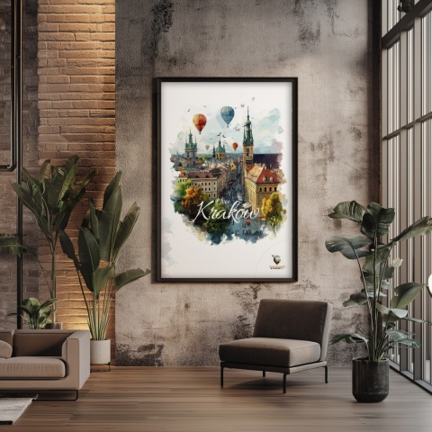 Plakat architektoniczny – „Kraków, w świetle uniesienia” – kolorowa panorama miejskiej zabudowy