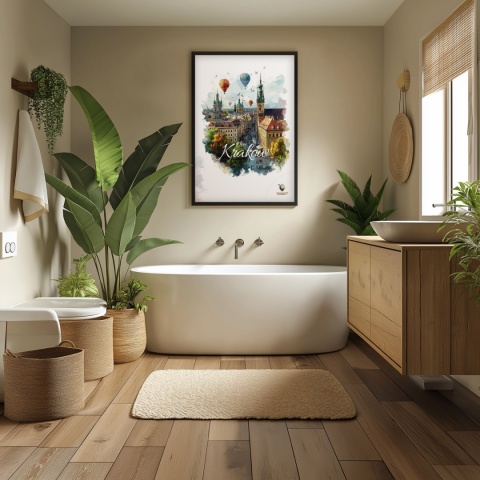 Plakat architektoniczny – „Kraków, w świetle uniesienia” – kolorowa panorama miejskiej zabudowy