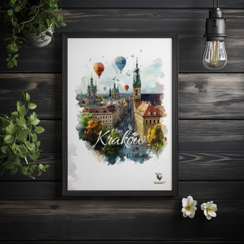 Plakat architektoniczny – „Kraków, w świetle uniesienia” – kolorowa panorama miejskiej zabudowy