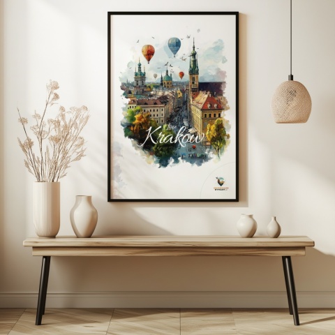Plakat architektoniczny – „Kraków, w świetle uniesienia” – kolorowa panorama miejskiej zabudowy