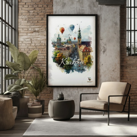 Plakat architektoniczny – „Kraków, w świetle uniesienia” – kolorowa panorama miejskiej zabudowy