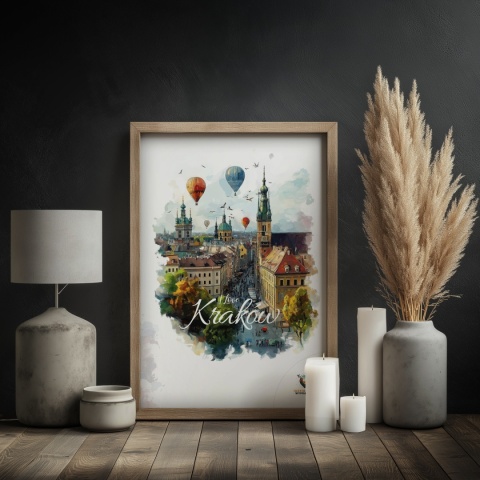Plakat architektoniczny – „Kraków, w świetle uniesienia” – kolorowa panorama miejskiej zabudowy