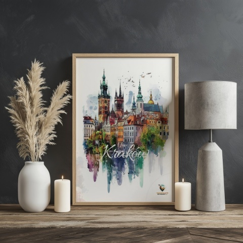 Plakat artystyczny – „Kraków, echo rynku” – kolorowa panorama miejskiej zabudowy