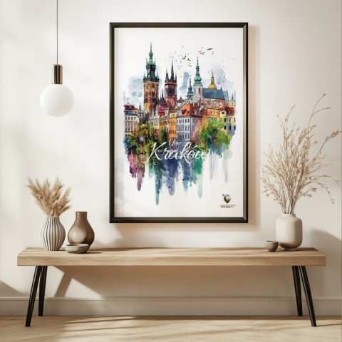 Plakat artystyczny – „Kraków, echo rynku” – kolorowa panorama miejskiej zabudowy