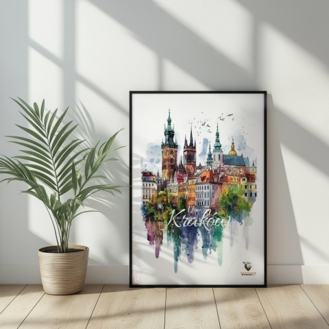 Plakat artystyczny – „Kraków, echo rynku” – kolorowa panorama miejskiej zabudowy