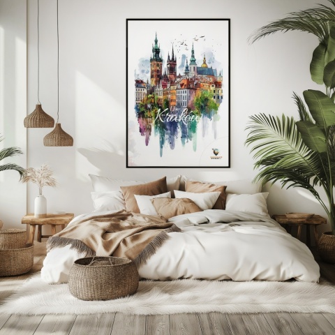 Plakat artystyczny – „Kraków, echo rynku” – kolorowa panorama miejskiej zabudowy