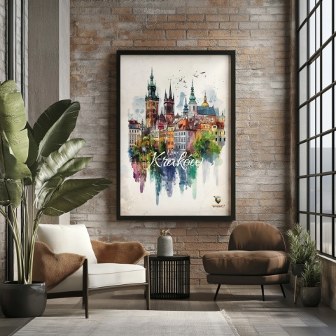 Plakat artystyczny – „Kraków, echo rynku” – kolorowa panorama miejskiej zabudowy