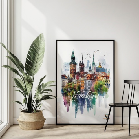 Plakat artystyczny – „Kraków, echo rynku” – kolorowa panorama miejskiej zabudowy
