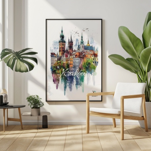 Plakat artystyczny – „Kraków, echo rynku” – kolorowa panorama miejskiej zabudowy