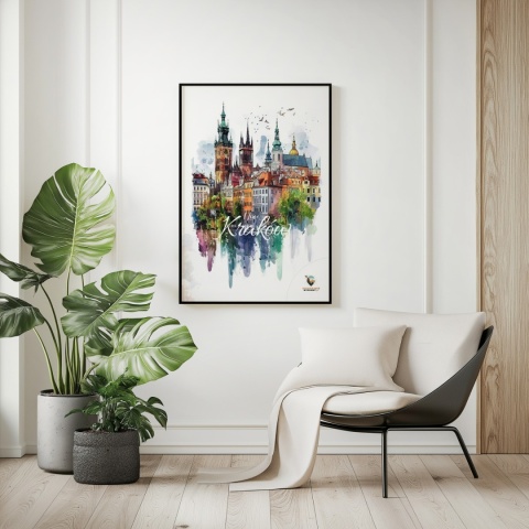 Plakat artystyczny – „Kraków, echo rynku” – kolorowa panorama miejskiej zabudowy