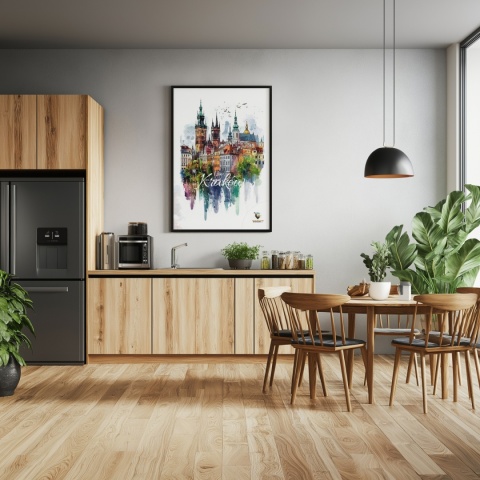 Plakat artystyczny – „Kraków, echo rynku” – kolorowa panorama miejskiej zabudowy