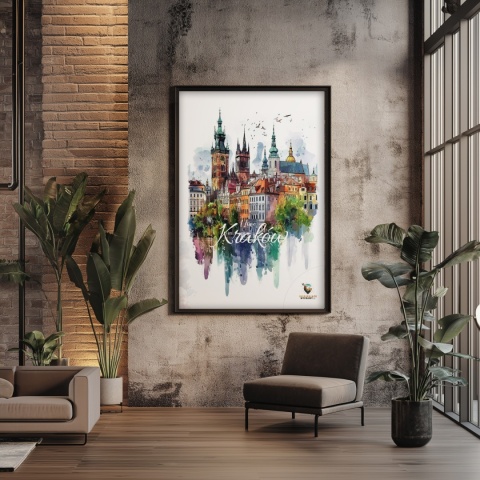 Plakat artystyczny – „Kraków, echo rynku” – kolorowa panorama miejskiej zabudowy