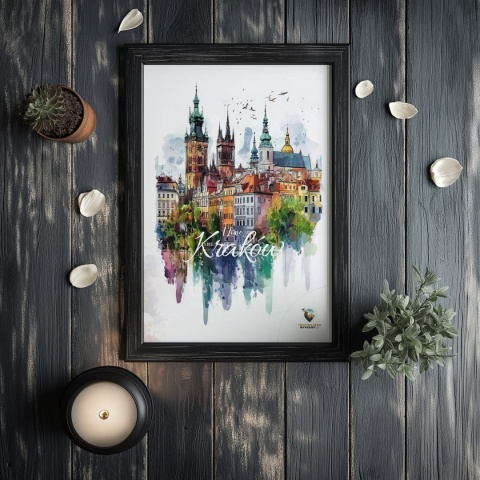 Plakat artystyczny – „Kraków, echo rynku” – kolorowa panorama miejskiej zabudowy