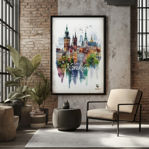 Plakat artystyczny – „Kraków, echo rynku” – kolorowa panorama miejskiej zabudowy