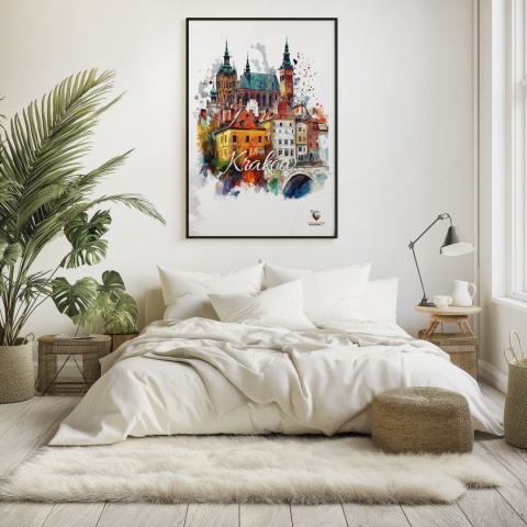 Plakat artystyczny – „Kraków, milczące rytmy” – nastrojowa kompozycja w odcieniach błękitu