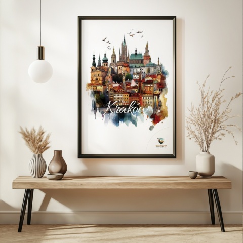 Plakat architektoniczny Format A3– „Kraków, między światłami” – nocna panorama w stylu symbolicznym