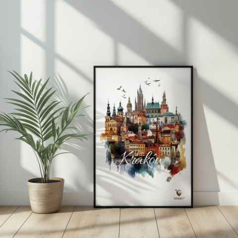 Plakat architektoniczny Format A3– „Kraków, między światłami” – nocna panorama w stylu symbolicznym
