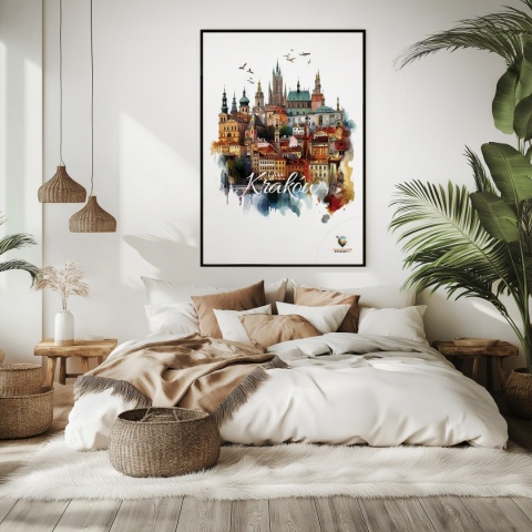 Plakat architektoniczny Format A3– „Kraków, między światłami” – nocna panorama w stylu symbolicznym