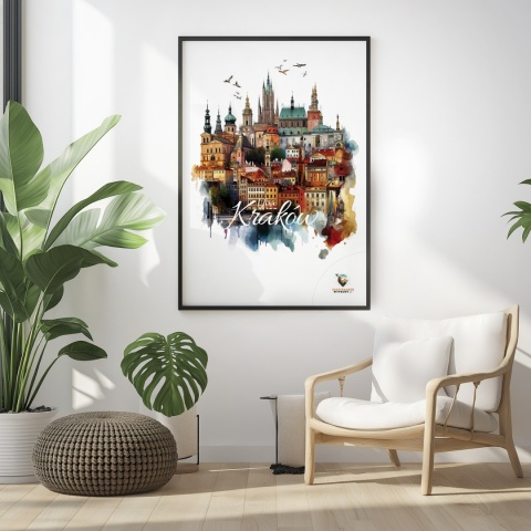 Plakat architektoniczny Format A3– „Kraków, między światłami” – nocna panorama w stylu symbolicznym