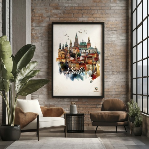 Plakat architektoniczny Format A3– „Kraków, między światłami” – nocna panorama w stylu symbolicznym