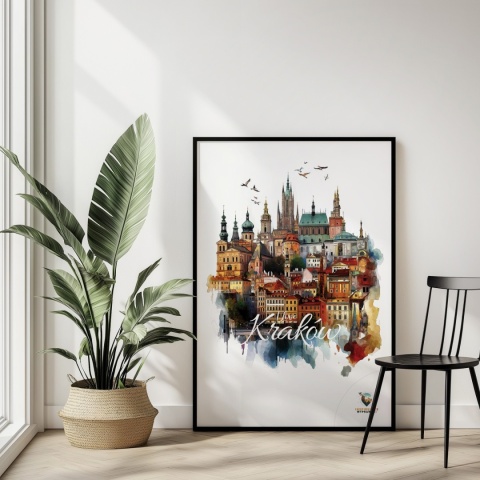 Plakat architektoniczny Format A3– „Kraków, między światłami” – nocna panorama w stylu symbolicznym
