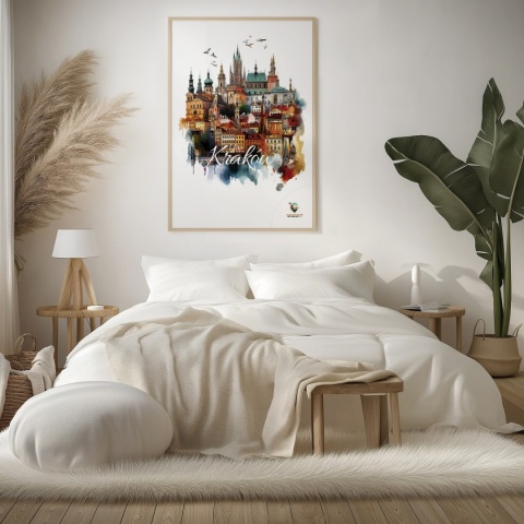 Plakat architektoniczny Format A3– „Kraków, między światłami” – nocna panorama w stylu symbolicznym