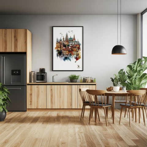 Plakat architektoniczny Format A3– „Kraków, między światłami” – nocna panorama w stylu symbolicznym