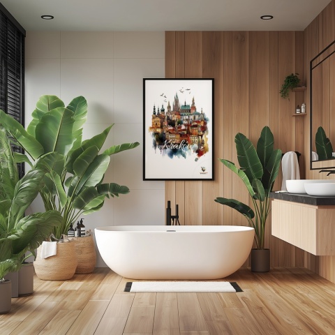 Plakat architektoniczny Format A3– „Kraków, między światłami” – nocna panorama w stylu symbolicznym