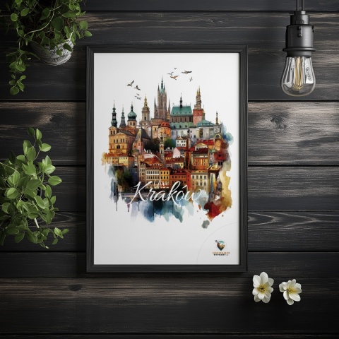 Plakat architektoniczny Format A3– „Kraków, między światłami” – nocna panorama w stylu symbolicznym