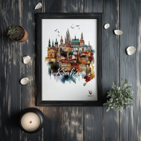 Plakat architektoniczny Format A3– „Kraków, między światłami” – nocna panorama w stylu symbolicznym
