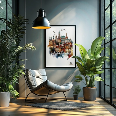 Plakat architektoniczny Format A3– „Kraków, między światłami” – nocna panorama w stylu symbolicznym