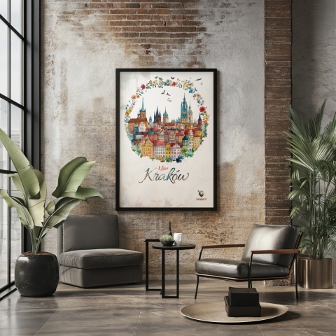 Plakat architektoniczny Format A3 – „Kraków, odbicie myśli” – nastrojowa panorama miasta w ciepłych tonacjach