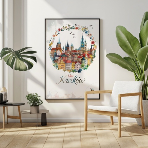 Plakat architektoniczny Format A3 – „Kraków, odbicie myśli” – nastrojowa panorama miasta w ciepłych tonacjach