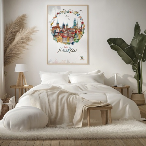 Plakat architektoniczny Format A3 – „Kraków, odbicie myśli” – nastrojowa panorama miasta w ciepłych tonacjach