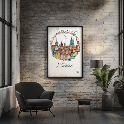 Plakat architektoniczny Format A3 – „Kraków, odbicie myśli” – nastrojowa panorama miasta w ciepłych tonacjach