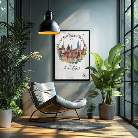 Plakat architektoniczny Format A3 – „Kraków, odbicie myśli” – nastrojowa panorama miasta w ciepłych tonacjach