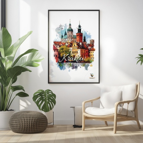 Plakat architektoniczny – „Kraków, puls ukryty w murach” – nastrojowa panorama o miękkich liniach