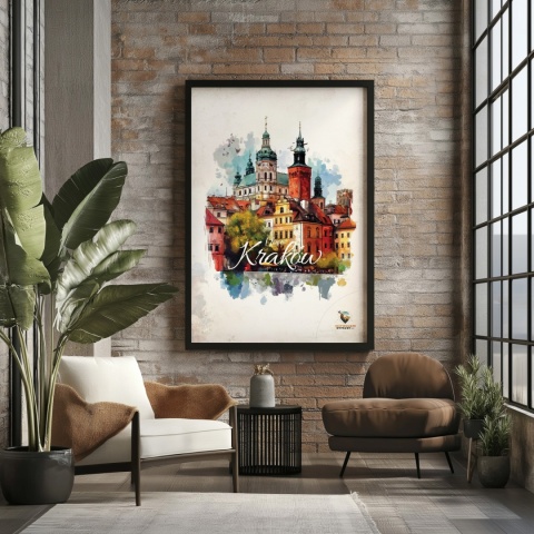 Plakat architektoniczny – „Kraków, puls ukryty w murach” – nastrojowa panorama o miękkich liniach
