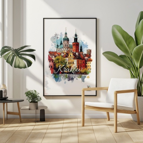 Plakat architektoniczny – „Kraków, puls ukryty w murach” – nastrojowa panorama o miękkich liniach