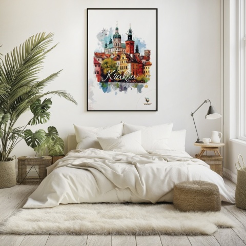Plakat architektoniczny – „Kraków, puls ukryty w murach” – nastrojowa panorama o miękkich liniach