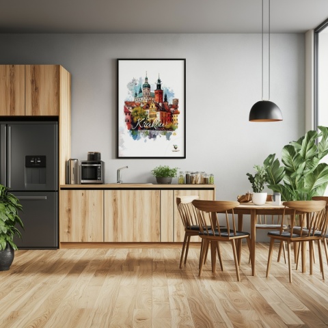 Plakat architektoniczny – „Kraków, puls ukryty w murach” – nastrojowa panorama o miękkich liniach