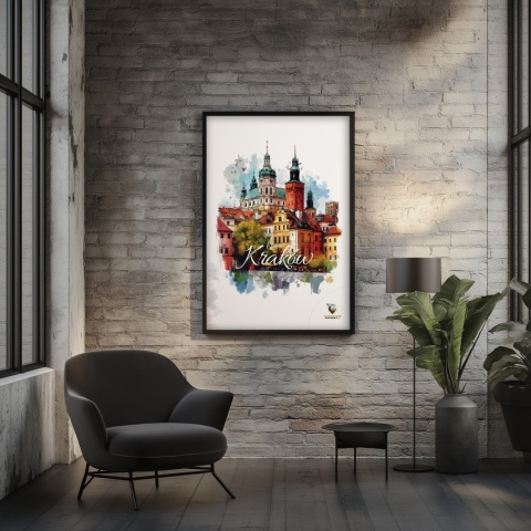 Plakat architektoniczny – „Kraków, puls ukryty w murach” – nastrojowa panorama o miękkich liniach