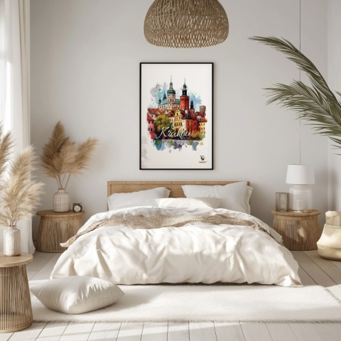 Plakat architektoniczny – „Kraków, puls ukryty w murach” – nastrojowa panorama o miękkich liniach