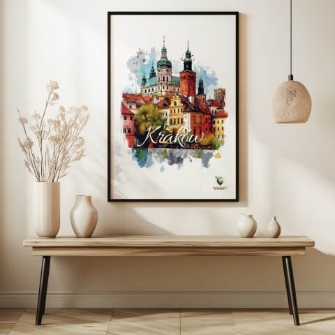 Plakat architektoniczny – „Kraków, puls ukryty w murach” – nastrojowa panorama o miękkich liniach
