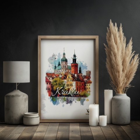 Plakat architektoniczny – „Kraków, puls ukryty w murach” – nastrojowa panorama o miękkich liniach