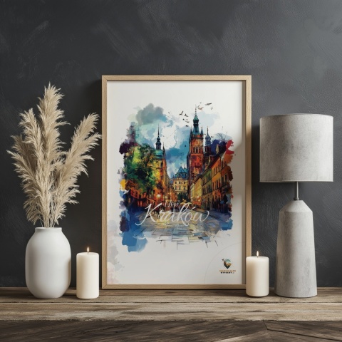 Plakat architektoniczny– „Kraków, blask nowego dnia” – minimalistyczna panorama miejska w świetle poranka
