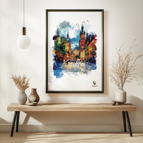 Plakat architektoniczny– „Kraków, blask nowego dnia” – minimalistyczna panorama miejska w świetle poranka